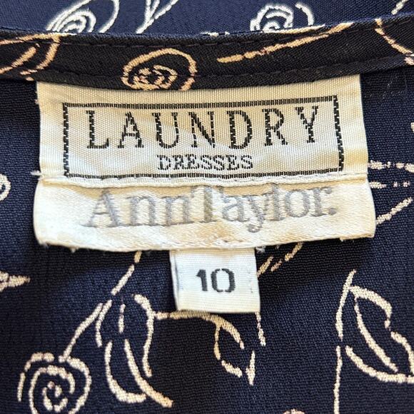 VTG Ann Taylor Laundry Navy Floral Midi Dress 90s Rayon SZ 10 USA Dark Academia - Picture 7 of 8